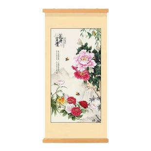 新款牡丹花开富贵挂画客厅画书房玄关装饰画实木布艺挂轴墙画壁画