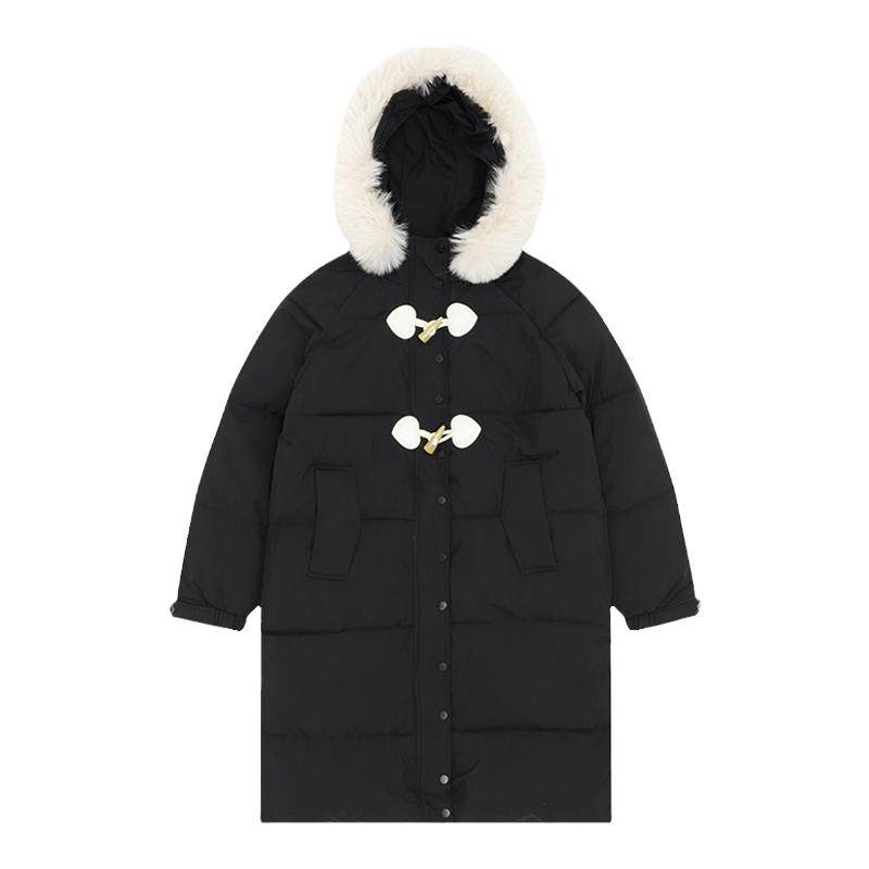 中长款牛角扣加绒加厚保暖棉服