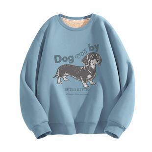 名创优品卫衣女2026新款蓝色加绒加厚冬装上衣羊羔绒女款套头衫D