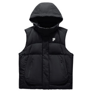 FILA FUSION斐乐跑步羽绒马甲女2024新款冬训马甲运动连帽上衣