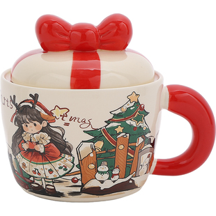 圣诞马克杯带盖高颜值杯子家用喝水杯办公室陶瓷咖啡杯圣诞节礼物