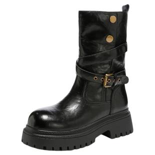 星期六英伦风马丁靴女复古2025冬新款厚底增高骑士靴皮带扣中筒靴