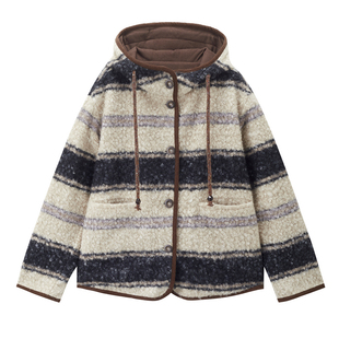 设计师款佐丹奴绒感夹克女宽松撞色条纹连帽圈圈毛呢外套18375520