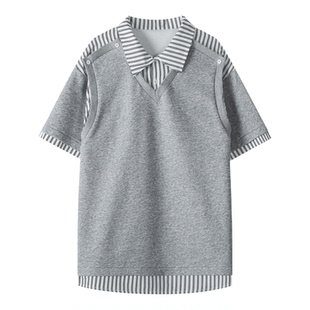 悟空有货夏季小众设计感结构拼接短袖T恤男潮牌宽松情侣假两件tee