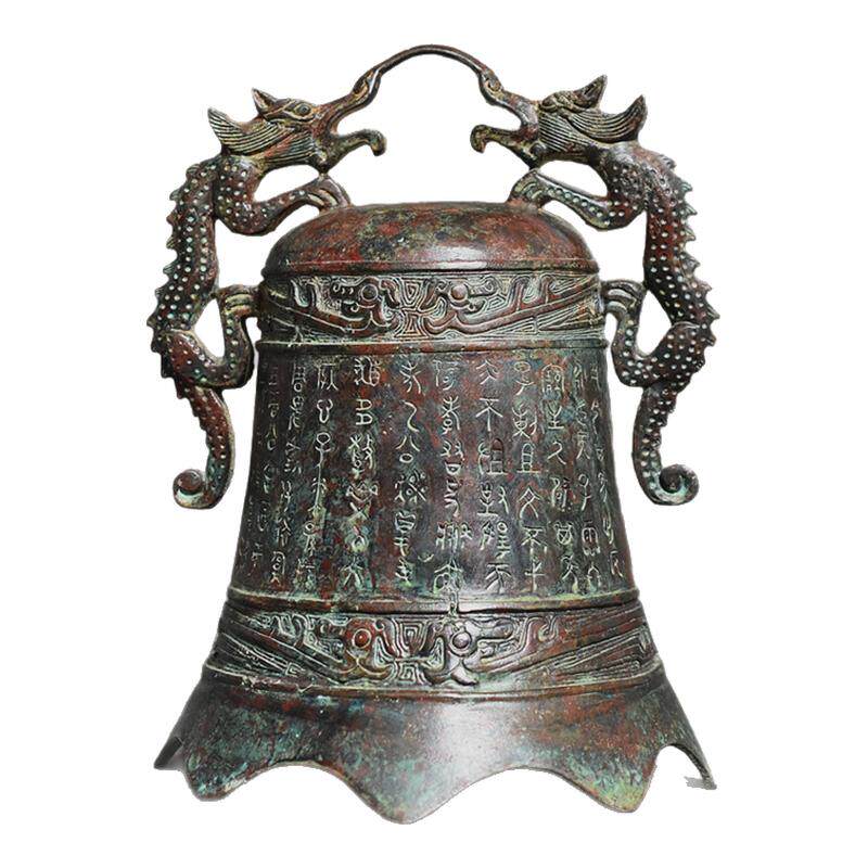 青铜器古代乐器双龙钟铜钟摆件影视道具复古家居装饰古玩收藏礼品