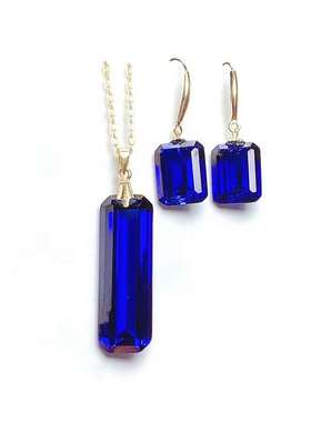 18K金蓝宝石方形耳环礼物项链坠
