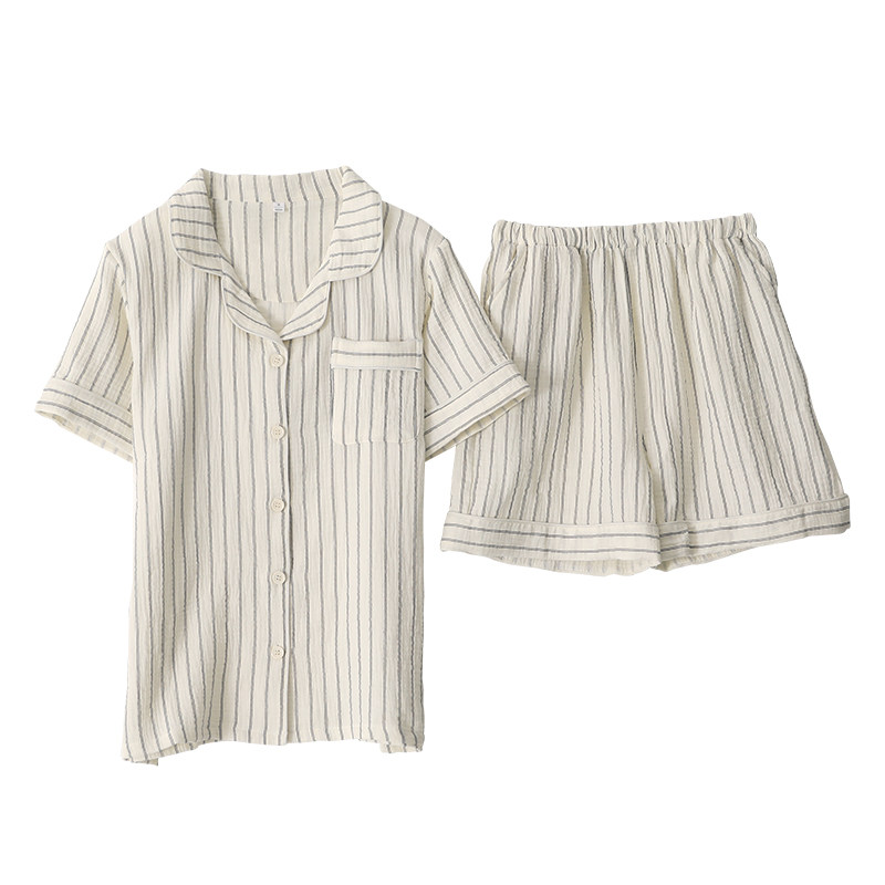夏季时尚条纹睡衣套装男女士纯棉纱短袖短裤绉布情侣家居睡眠服薄