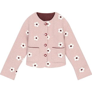 妖精的口袋毛绒花朵粉色棉衣女2026年冬季新款巨好看的夹棉厚外套