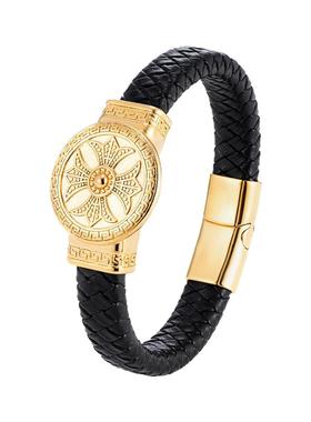 守护金刚结花纹手牌黑色皮绳编织手链男士霸气刺青转运珠手镯金色