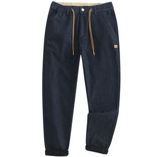 汉絮撞色小皮标加绒加厚牛仔长裤男士冬季新款松紧腰直筒休闲裤子