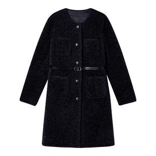 Goodland美地女装冬季法式中长款圆领环保羊毛皮草大衣外套