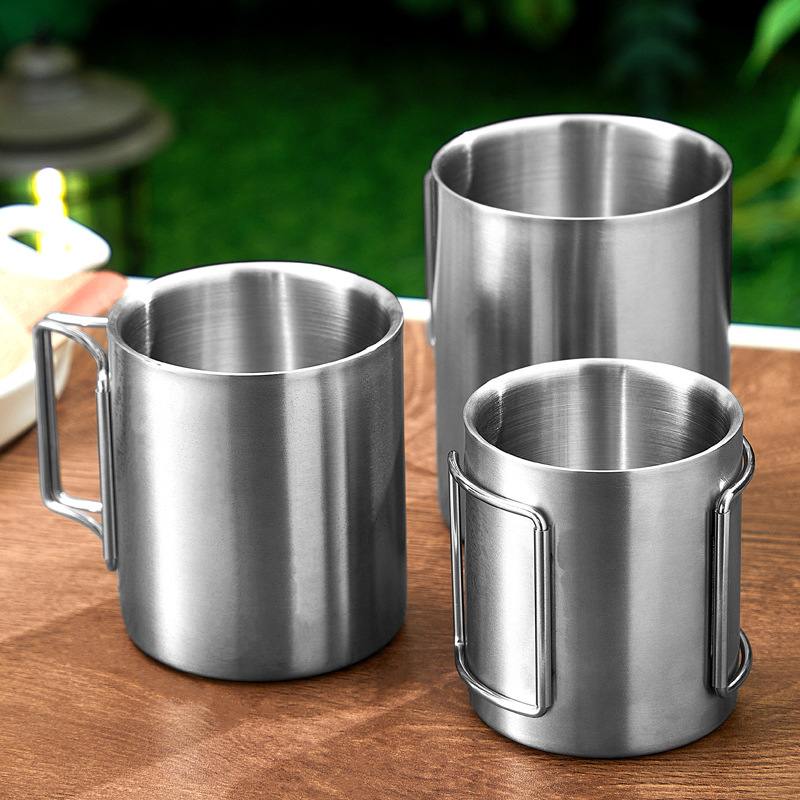 户外露营水杯便携式可折叠手柄咖啡杯烫304不锈钢茶杯防马克杯