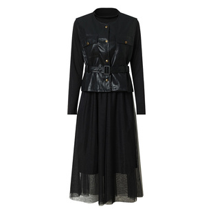 海青蓝 套装连衣裙秋冬女2025年新款长袖女装高级中长款网纱裙子