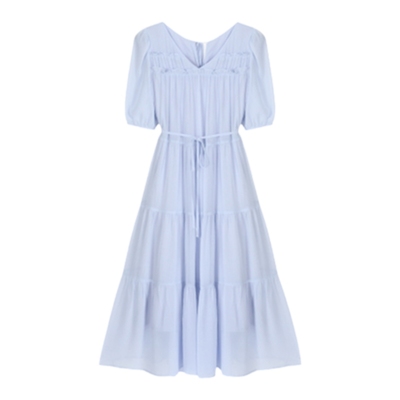 Basic House/百家好纯色休闲拼接长裙夏日新品优雅气质短袖连衣裙