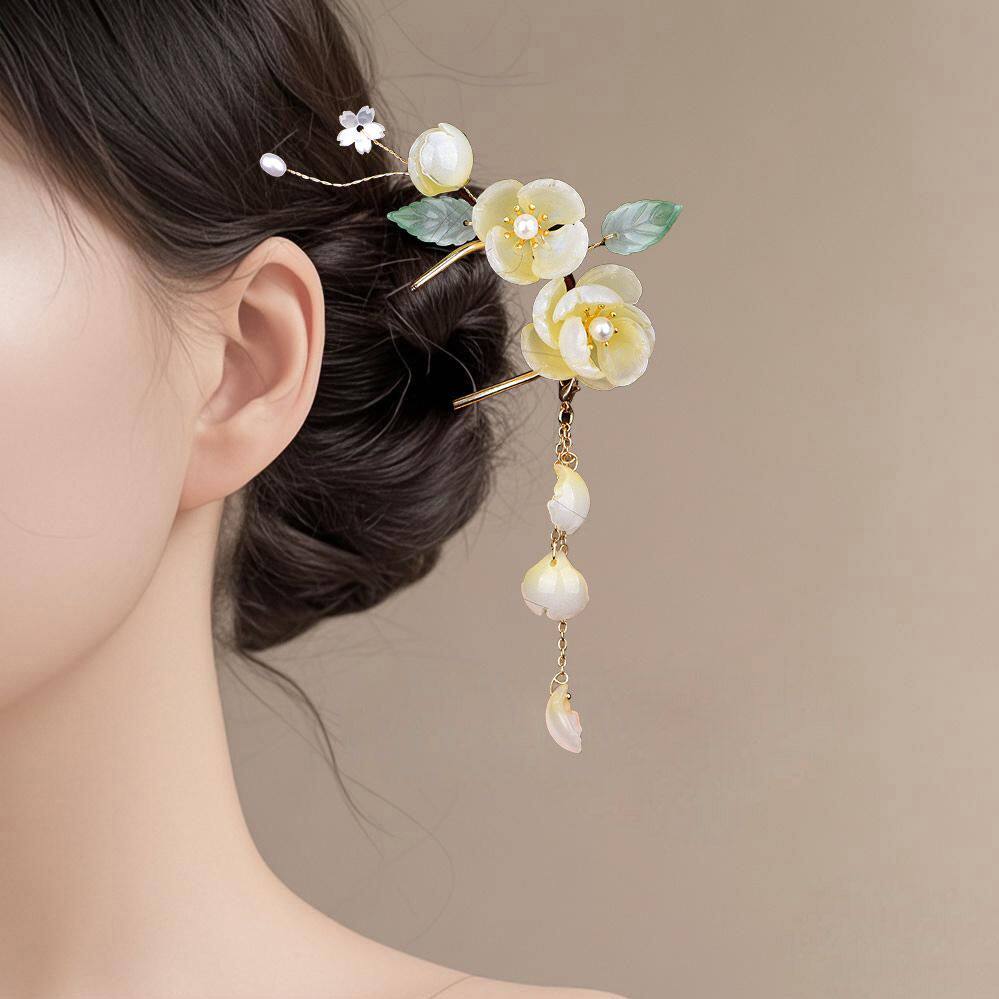 汉服日常古风U型发簪芍药流苏步摇双插钗子女士古装盘发头饰