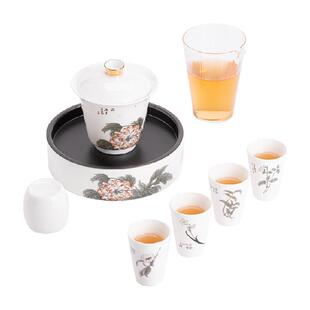 苏氏陶瓷 羊脂玉花开富贵盖碗功夫茶具配干泡盘礼盒套组