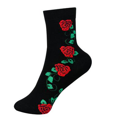 10双黑色袜子女长袜无骨中筒袜纯色玫瑰花女袜秋冬季妈妈袜中老年