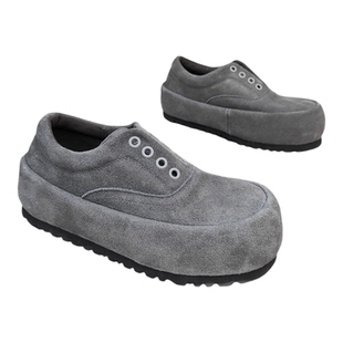 韩版真皮大头厚底勃肯鞋女2026早春新款圆头一脚蹬磨砂皮休闲单鞋