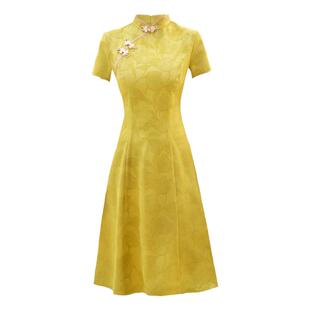 短袖旗袍2024年春新款女夏改良苏式绿色提花复古高级感气质年轻款