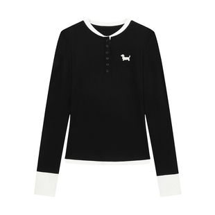 BIPOLAR亨利领假两件小狗刺绣长袖修身显瘦打底T恤撞色圆领上衣女