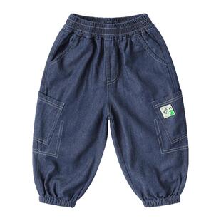 右欧男童牛仔裤女童裤子纯色束脚春秋新款童装宽松百搭儿童工装裤