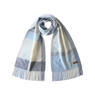 ELLE100%山羊绒围巾女士冬季蓝色格子保暖围脖生日礼物礼盒装新款