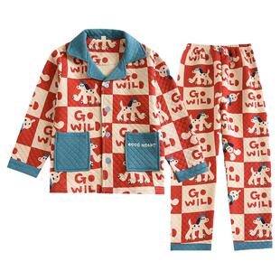 日式儿童秋冬纯棉空气层睡衣套a类宝宝全棉可爱狗男童卡通家居服