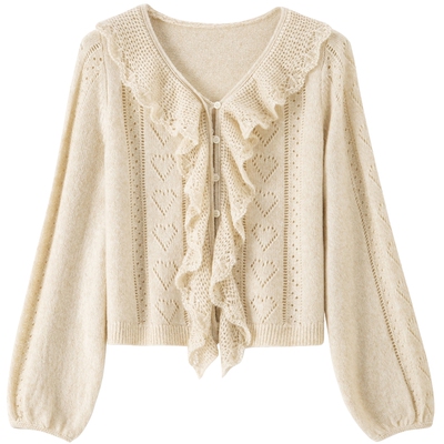 【卢昱晓同款】BANANA BABY2026年春新款山羊绒镂空灯笼袖针织衫