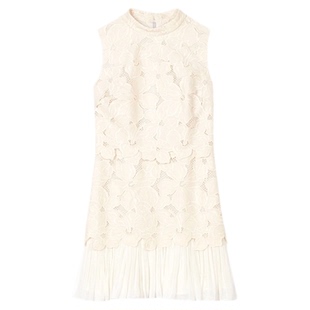 博主同款SANDRO2025春夏女装法式花卉拼接百褶边露背短款连衣裙