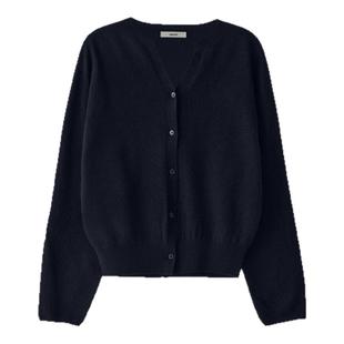 LINHOUSE复古藏蓝色圆V领针织开衫秋通勤休闲宽松百搭毛衣外套女