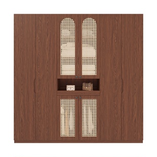 政补实木凹槽拉手衣柜一门到顶柜家用卧室复古风分段式藤编门衣橱