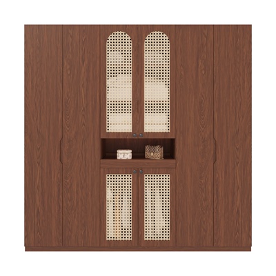 政补实木凹槽拉手衣柜一门到顶柜家用卧室复古风分段式藤编门衣橱