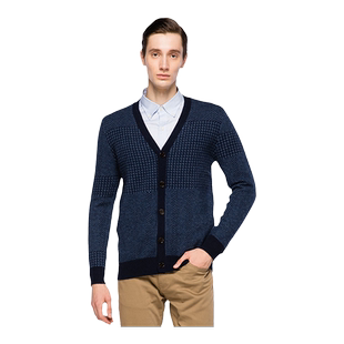 圣雪绒100%山羊绒男V领复古千鸟格提花商务休闲针织开衫
