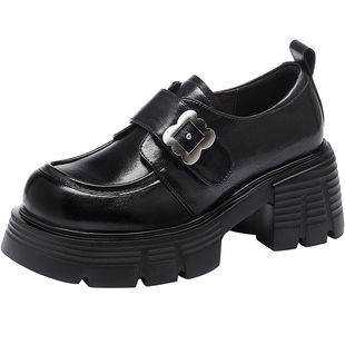 骆驼女鞋2026夏季新款厚底增高乐福鞋英伦风小皮鞋粗高跟深口单鞋