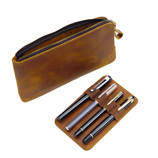 牛皮拉链钢笔收纳笔袋包复古多支笔槽笔盒大容量疯马皮文具盒袋子