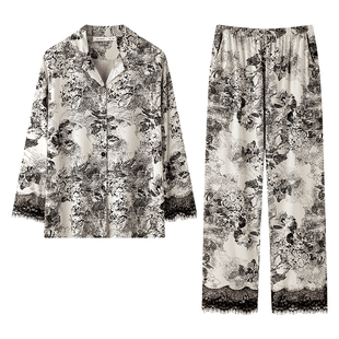 贝妍新款睡衣女春秋季性感蕾丝开衫长袖家居服柔软莫代尔国风套装