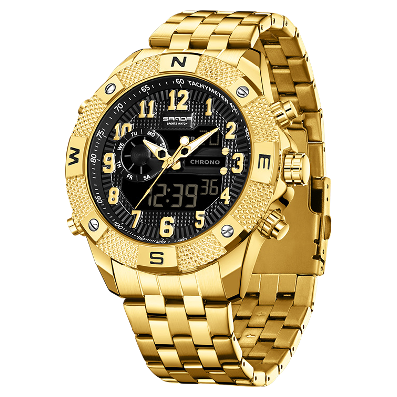 三达手表商务钢带潮流多功能倒计时运动机械风男士时尚腕表双显潮