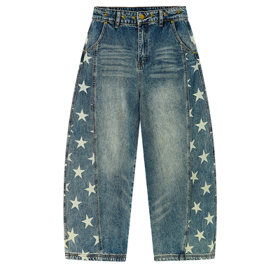 江南先生NewJNXS美式复古侧边分割星星印花宽松弯刀牛仔长裤男女