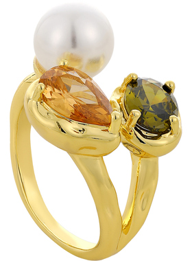 金色珍珠蛇形锆石开口戒指高级感