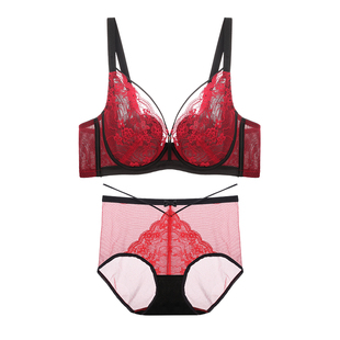 伊丝艾拉红色内衣套装女超薄款蕾丝胸罩兔耳杯性感大胸显小胸文胸