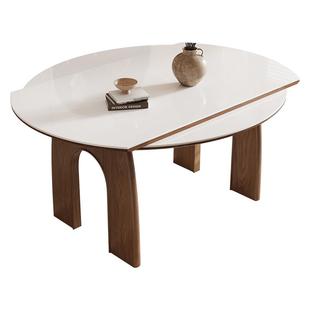 帕沙曼全托底板岩板餐桌家用小户型可伸缩胡桃木色实木脚可变圆桌