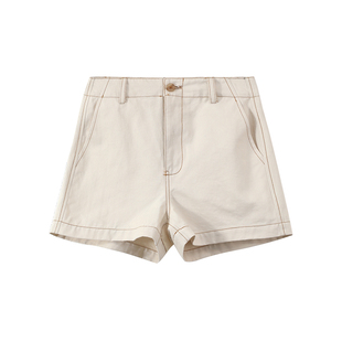 愉悦喻悦卡其色卷边休闲短裤女春季韩系通勤高腰直筒宽松百搭裤子