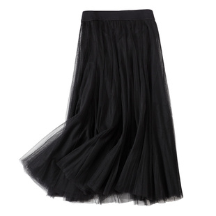 优雅网纱半身裙女2025春季新款黑色中长款百褶裙a字裙雪纺仙女裙