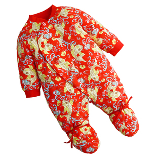 宝宝手工包脚连体衣冬季棉衣婴儿棉花加厚衣服新生儿外出保暖哈衣