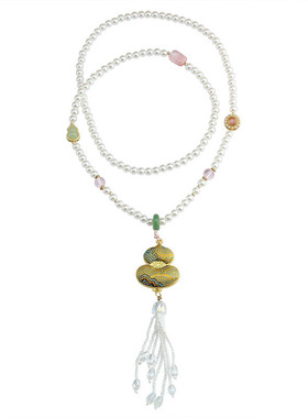 复古双面仿宋锦葫芦项链