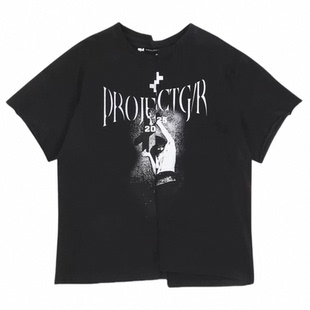 Grailz LEARL 复古拼接错位裁剪设计字母印花圆领宽松短袖T恤男女