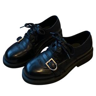 【TFM】2026春季新款皮带扣厚底系带乐福鞋女黑色百搭复古小皮鞋