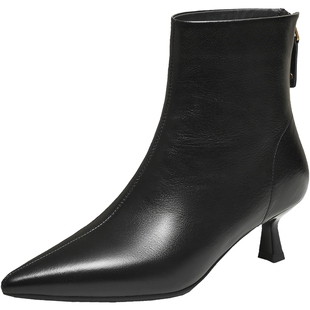 TATA他她靴子2025冬季牛皮短靴细跟短筒靴黑色加绒高跟靴UWT01DD5