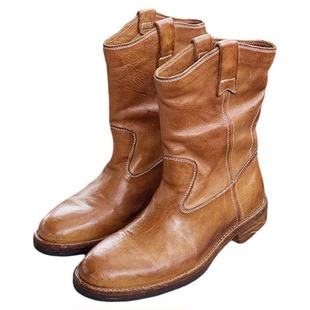 马皮切尔西靴乐思凡2024新款短靴西部牛仔靴复古做旧废土风中筒靴