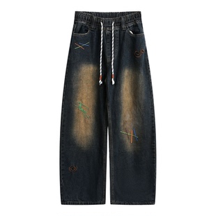 悟空有货潮牌复古做旧刺绣抽绳松紧牛仔裤男街头宽松百搭阔腿长裤